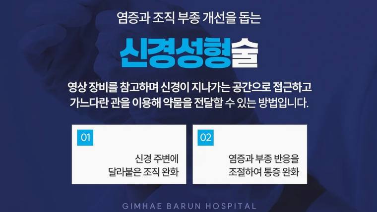 김해바른병원 — 신경성형술에 대해 설명하는 내용이 포함된 파란색 배경의 홍보용 포스터입니다.