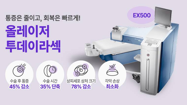 부평성모안과의원 — 올레이저 투데이라섹 수술 장비와 관련 수치들이 포함된 홍보용 포스터 이미지이다.