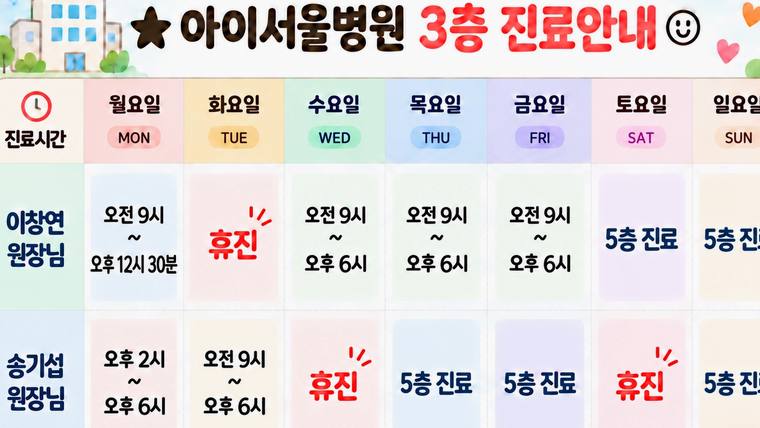 아이i서울병원 — 아이서울병원 3층의 진료 시간과 담당 의사 정보를 안내하는 게시판 이미지입니다