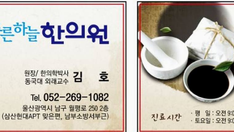 푸른하늘한의원 — 한의원의 정보와 진료 시간이 적힌 홍보용 안내판 또는 포스터 사진